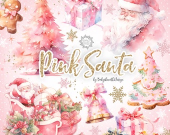 Pink Christmas digital design, Xmas clipart, Cute Christmas clipart, holiday clipart,Santa Claus Clipart, christmas tree clipart