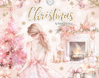 Pink Christmas digital design, Xmas clipart, Cute Christmas clipart, holiday clipart,Santa Claus Clipart, christmas tree clipart
