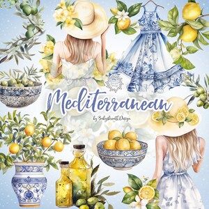 Bundle de cliparts aquarelle méditerranéen, motif sans couture de carrelage méditerranéen, des cliparts citron, des cliparts été, des cliparts olives, couronne de citron