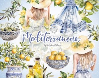 Mediterranean Watercolor Clipart Bundle, Mediterranean Tile Seamless Pattern, Lemon Clipart, Summer Clipart, Olives Clipart, Lemon Wreath