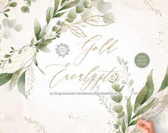 Greenery Clipart, Gold Glitter, Watercolor Eucalyptus Clipart, Gold Foliage, Wedding Clipart, Botanical Clipart, Watercolor Clipart
