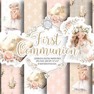 Watercolor First Communion digital paper pack, Watercolor First Communion for Girls, religion, floral, Bible, Rosary, Cross, Dove, pattern