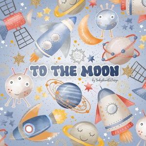 Aquarel naar de maan clipart, ruimte clipart, satelliet, jongen, kinderen, sterren, ster clipart, goud, glitter, ruimtevaartuig, vreemdeling, jongen clipart
