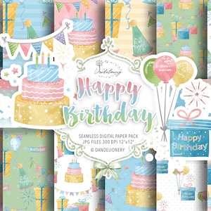 Watercolor Happy Birthday Cookie digital paper pack, Watercolor Birthday pattern, Party, kids birthday, balloon pattern, birthday cake