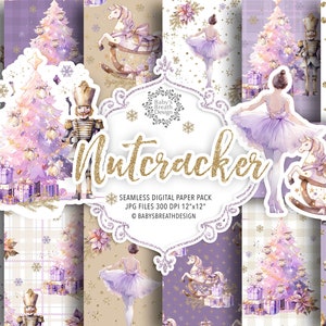 Pacote de papel digital roxo de Natal quebra-nozes, padrão de Natal clipart de Natal, papel de balé, padrão de férias, papel de árvore de Natal