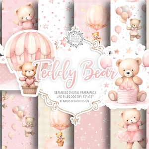 Confezione di carta digitale Blush Teddy Bear, Sleepy Teddy Bears, Baby Bear, Pacchetto di orsetti di peluche acquerello carino, Modello per baby shower per bambini, Compleanno