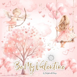 Aquarel klein meisje en Cupido Valentines digitaal ontwerp Valentijn clipart, romantische clipart, happy Valentijnsdag, roze ballon, bloem