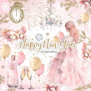 Roze Happy New Year digitaal ontwerp, Nieuwjaar clipart, Maskerade Masker clipart, vakantie clipart, roze jurk vrouw, elegant, Nieuwjaar clipart