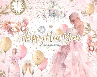 Pink Happy New Year digital design, New Year clipart, Masquerade Mask clipart, holiday clipart, pink dress woman, elegant, New year clipart