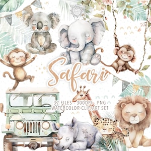 Zoete safaridieren, aquarel safari kinderkamer clipart, safari avontuur, safari png, jungledieren png, safaritour, safari babydieren