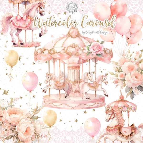 Watercolor Carousel Clipart, Pony Clipart, Carousel Clipart, Nursery Clipart, Stickers Clipart, Scrapbooking Clipart, Pony Carousel