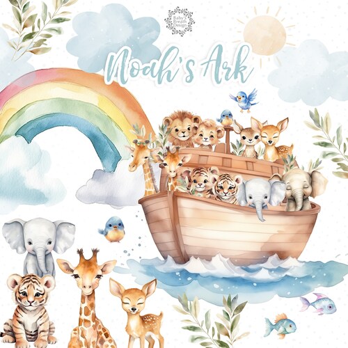 Aquarelle arche de Noé aquarelle Clipart, PNG arche de Noé clipart, lot de cliparts chrétien, clipart religieux Bible PNG usage commercial