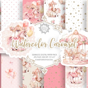 Watercolor Carousel digital paper pack, Pony pattern, Carousel, Nursery Clipart, Stickers pattern, Scrapbooking, Pony Carousel