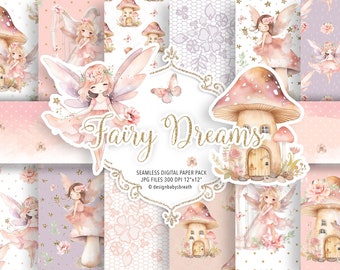 May include: A digital paper pack with 12 seamless patterns featuring fairies, mushrooms, and houses. The patterns are in pink, purple, and white with gold glitter accents. The text "Fairy Dreams" is in gold glitter.