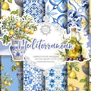 Pack de papier numérique aquarelle méditerranéen, motif carreau méditerranéen sans couture, citron, motif été, papier olives et motif citron