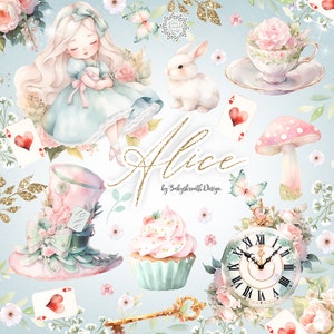 Alice nel paese delle meraviglie Clipart Alice Clip Art acquerello Alice avventure Cappellaio matto Tea Party Eat Me Drink Me White Rabbit Key Illustration