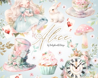Alice in Wonderland Clipart Alice Clip Art Bundle, Watercolor Alice Adventures Mad Hatter Tea Party Eat Me Drink Me White Rabbit Key