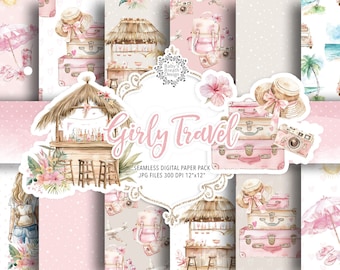 Paquete de papel digital Girly Travel, estampado de viaje en rosa ruborizado, papel de acuarela Traveller Girl, estampado de verano, papel digital Chic Travel