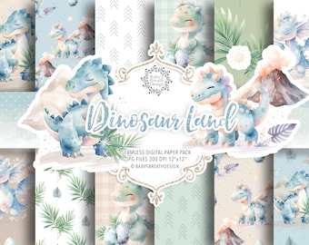 Watercolor Dino digital paper pack, Dinosaur pattern, PNG, Baby Dinosaur paper, Triceratops pattern, T-Rex, Dino digital paper