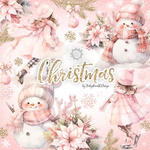 Pink Christmas digital design, Xmas clipart, Cute Christmas clipart, holiday clipart, cute girl skating Clipart, snowman tree clipart