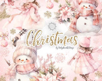 Pink Christmas digital design, Xmas clipart, Cute Christmas clipart, holiday clipart, cute girl skating Clipart, snowman tree clipart