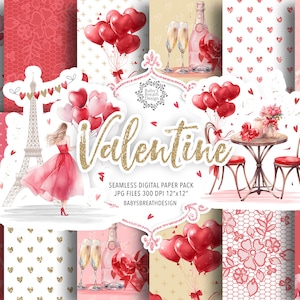 Paquete de papel digital Acuarela Red Valentines, patrón de San Valentín, patrón romántico, feliz día de San Valentín, estado de ánimo de París, globo rosa, flor