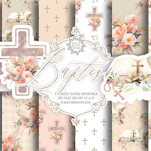 Paquete de papel digital Acuarela Primera Comunión, Acuarela Primera Comunión para Niñas, religión, floral, Biblia, Rosario, Cruz, Paloma, patrón
