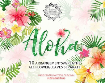 Watercolor Aloha Tropical Wreaths, arrangements, Flower Clip Art Hand Drawn Flowers