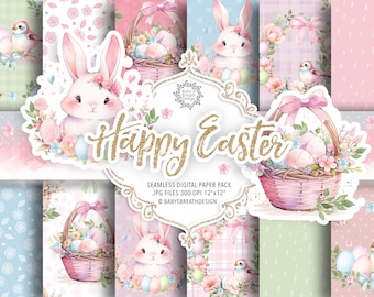 Watercolor Happy Easter digital paper pack, spring pattern, romantic pattern, easter eggs, easter bunny, pink flower, flower basket