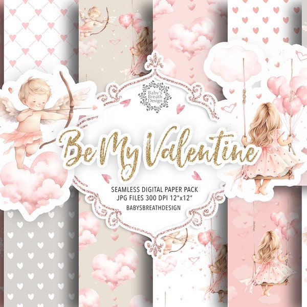 Watercolor Little Girl and Cupido Valentines digital paper pack, valentine pattern, romantic pattern, happy valentine day, pink balloon