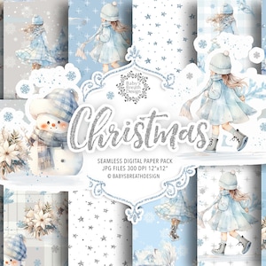 Pacchetto di carta digitale blu natalizio, motivo natalizio, motivo natalizio carino, carta digitale per le vacanze, clipart pattinaggio ragazza carina, pupazzo di neve