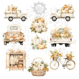 May include: Watercolor illustrations of autumn-themed objects. Includes white pickup trucks filled with pumpkins, a wardrobe with sweaters and pumpkins, a basket of pumpkins, and a bicycle with a basket of pumpkins.