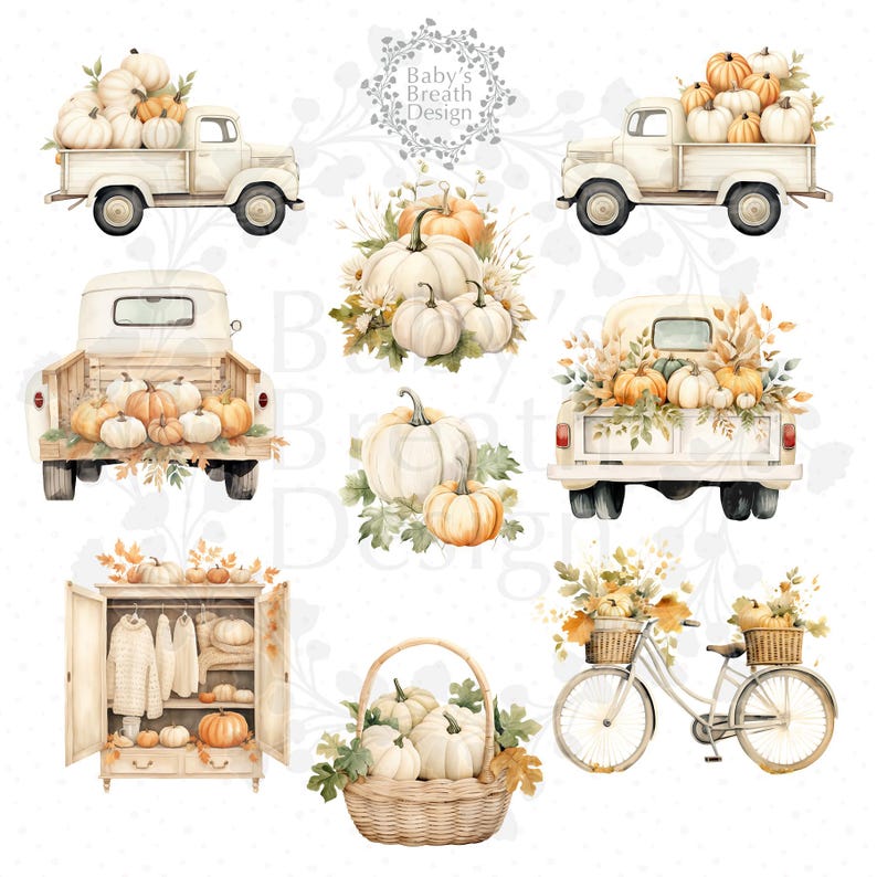 May include: Watercolor illustrations of autumn-themed objects. Includes white pickup trucks filled with pumpkins, a wardrobe with sweaters and pumpkins, a basket of pumpkins, and a bicycle with a basket of pumpkins.