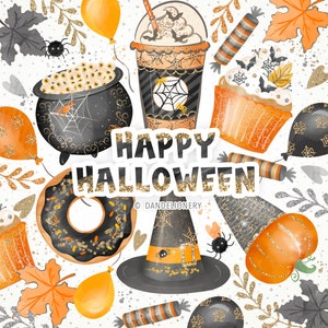 Happy Halloween design, Halloween clipart, Instant Download, hot chocolate, halloween pattern, jack o&#39;lantern, Halloween cupcake, pumpkin