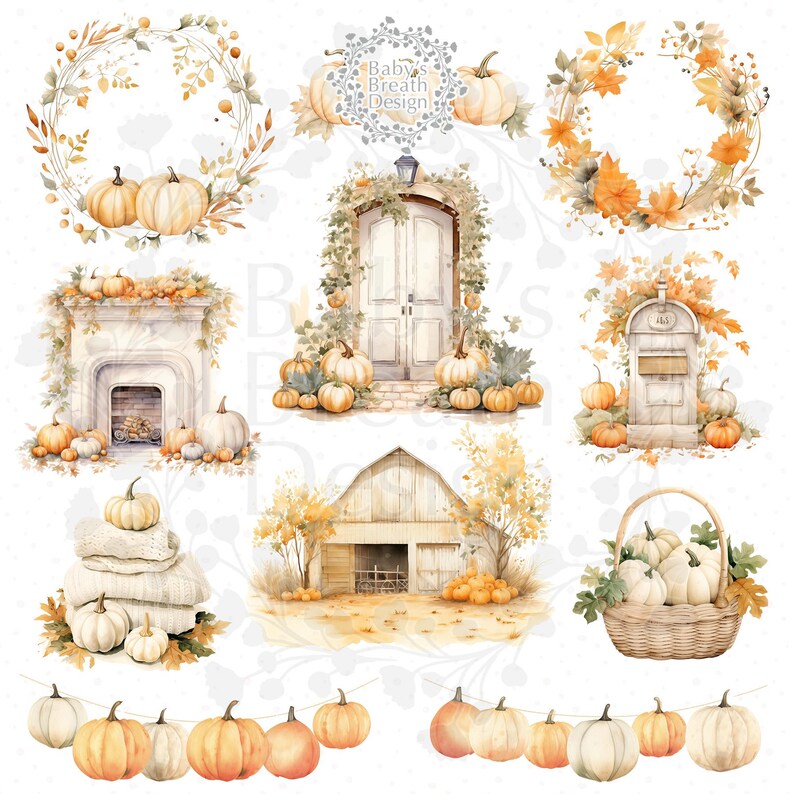 May include: Watercolor illustrations of pumpkins, wreaths, a barn, and a fireplace. The pumpkins are in shades of orange and white. The wreaths are adorned with fall foliage. The overall theme is autumn and harvest.