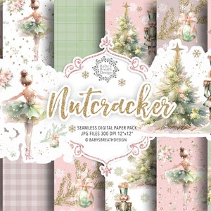 Pacote de papel digital de ouro de Natal quebra-nozes, clipart de Natal padrão de Natal, padrão de balé, padrão de férias, padrão de árvore de Natal