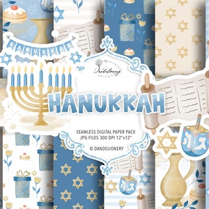 Pack de papier numérique aquarelle pour Hanoucca, Manorah, motif de Hanoucca, Dreidel, motif étoile de David, Torah, Yamaka, plantes, fleurs