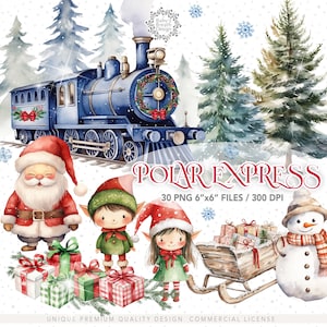 Watercolor Polar Express Clipart bundle, Christmas Train, Believe Bell, Santa Rudolph, T-shirt Design PNG, train ticket, elf, christmas png