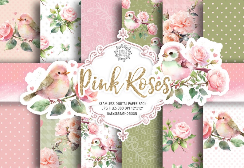 Watercolor Pink Roses Digital Paper Pack, Spring Pattern, Romantic ...