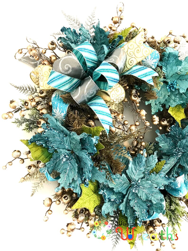 Blue Poinsettia Wreath/ Winter Flower Christmas Décor/  Etsy