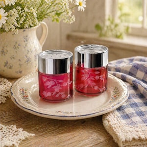 Vintage Cranberry Red Flash Glass Salt and Pepper Shakers Etched Floral Mid Century MCM