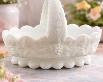 Vintage White Milk Glass Westmoreland Basket Candy Dish Grape Leaf Pattern Cottage Decor