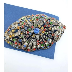 Vintage Art Deco Pot Metal Multicolor Rhinestone Brooch Blue Center Stone Czech
