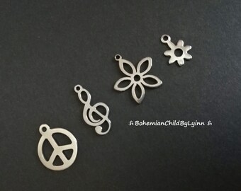 1x/ 2x Edelstahl Anhänger Blume, Peace Zeichen o. Musiknote ~ Schmuckherstellung • Makramee Accessoires • Metallanhänger • Schmuck Anhänger