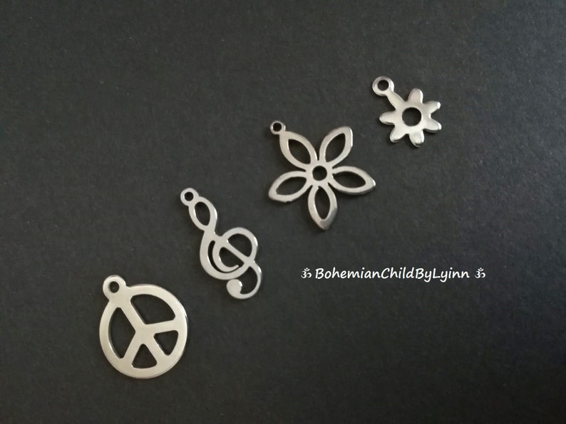 1x/ 2x Edelstahl Anhänger Blume, Peace Zeichen o. Musiknote Schmuckherstellung Makramee Accessoires Metallanhänger Schmuck Anhänger Bild 1