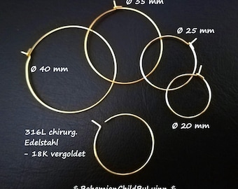 May include: Four gold hoop earrings of different sizes. The earrings are 20mm, 25mm, 35mm, and 40mm in diameter. The earrings are made of 316L surgical stainless steel and are 18K gold plated. The text "316L chirurg. Edelstahl - 18K vergoldet" is visible in the image.