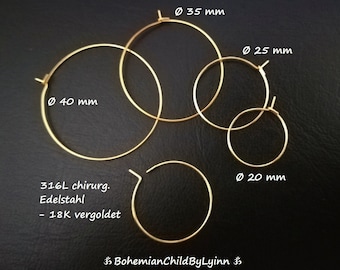 6x 316 Surgical Stainless Steel Hoop Earrings 18K Goldplated Ø 20mm/ 25mm/ 35mm/ 40mm ~ Hypoallergenic • D.I.Y. Earrings • Jewellery Making