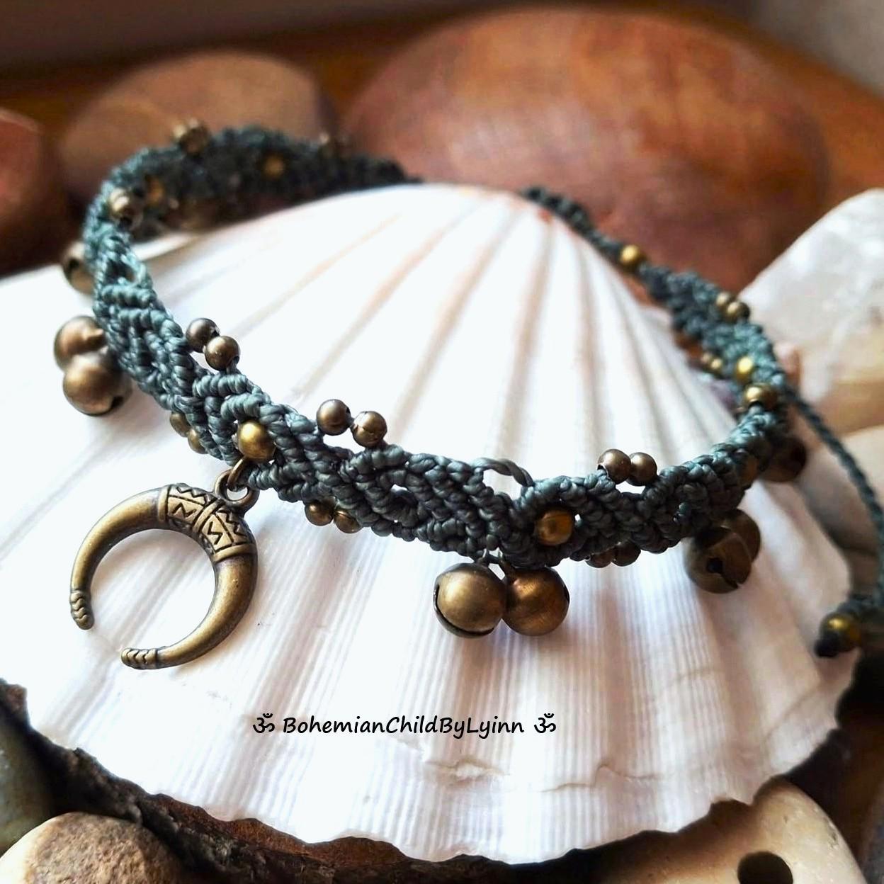 Thailand Makramee Fußkettchen - Handgeflochtenes Tribal Fußband Mit Goldenen Perlen