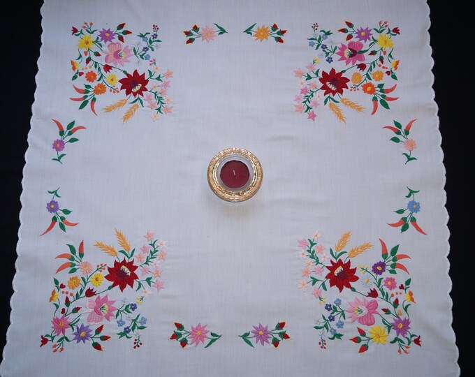 Hungarian Kalocsa Tablecloth 85.5/83.5 Cm, Hand Embroidered Home