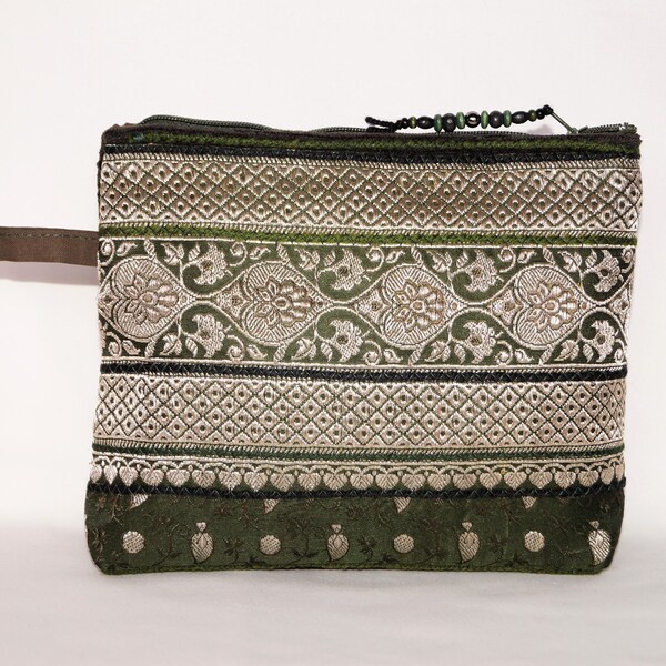 Green, silver cosmetic bag, hand woven purse, Indian sari purse, floral cosmetic bag, gypsy purse, bohemian cosmetic bag,ethnic cosmetic bag